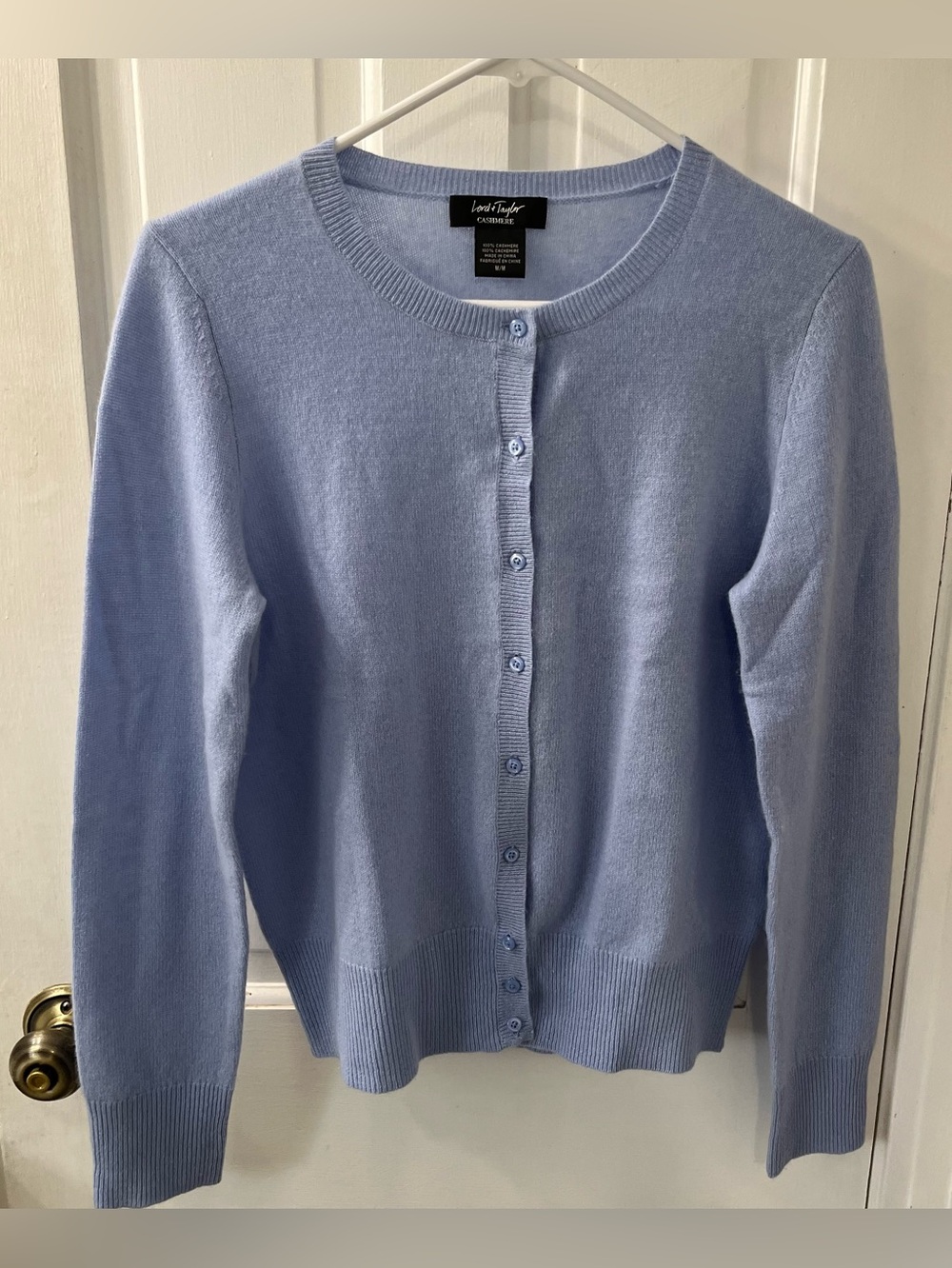Lord & Taylor 100% Cashmere Crewneck Cardigan Sweater Cornflower Blue Medium
